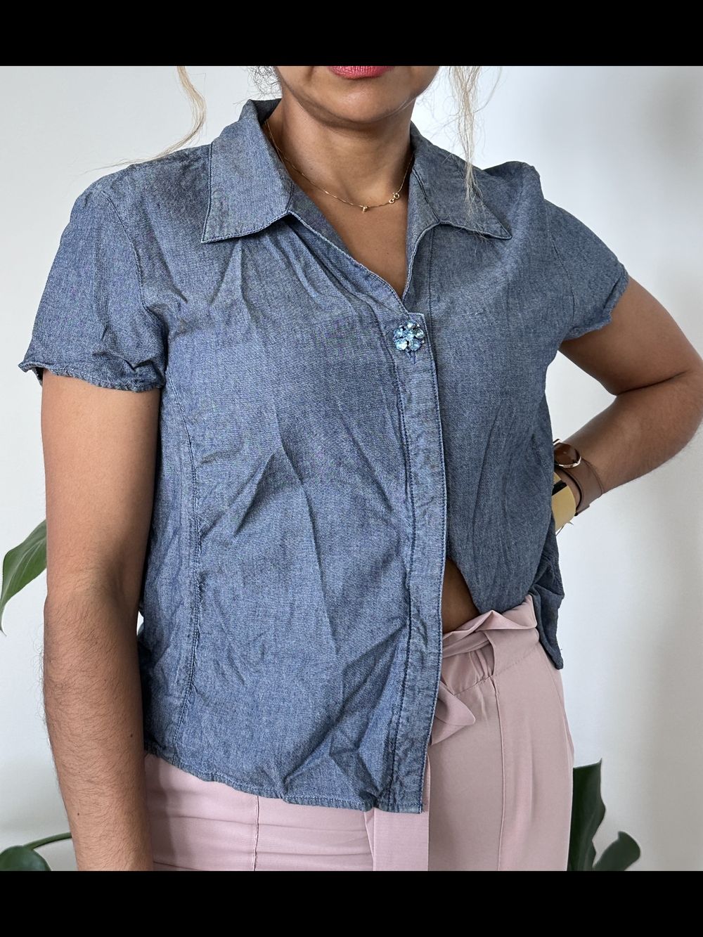 Vintage Y2K Casual Frenchcuff Short Sleeve Denim Blouse Cotton Western Indie 90s